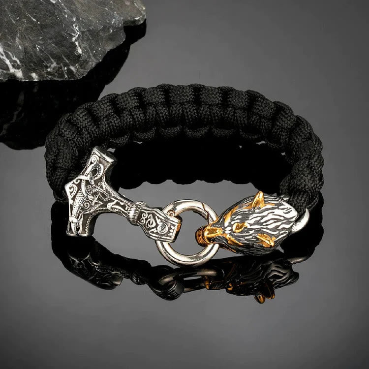 WorldNorse Nordic Mjolnir Wolf Head Bracelet