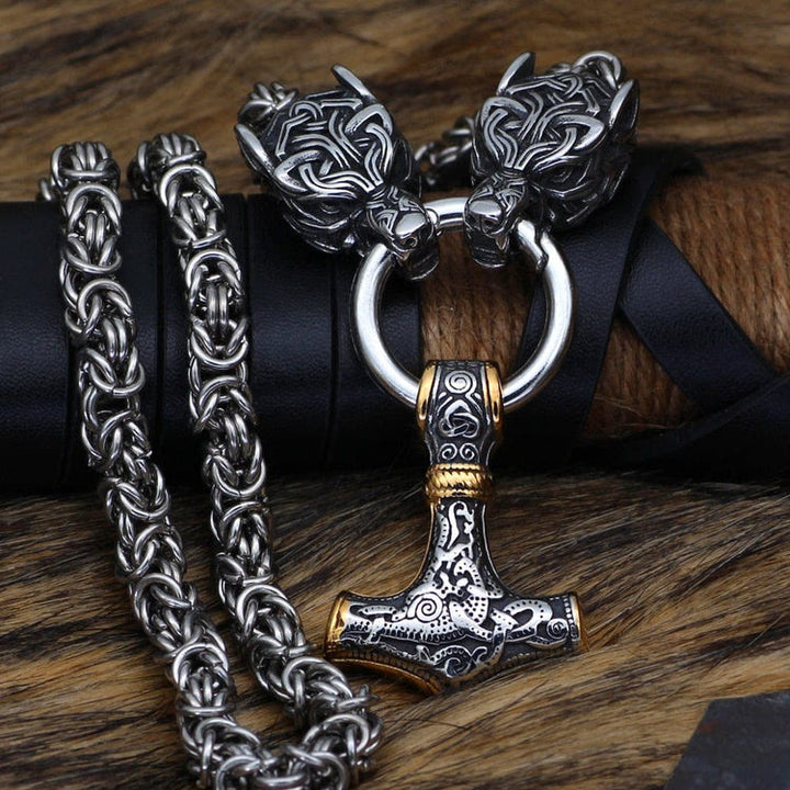 WorldNorse Wolves And Mjolnir's Power Necklace
