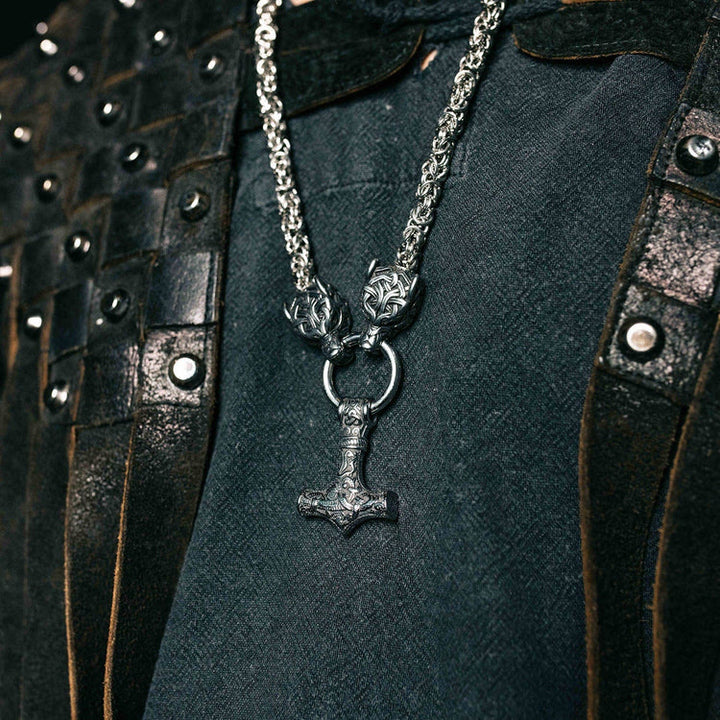 WorldNorse Wolves And Mjolnir's Power Necklace