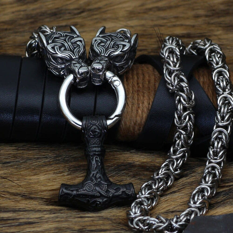 WorldNorse Wolves And Mjolnir's Power Necklace