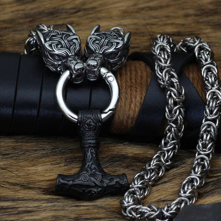 WorldNorse Wolves And Mjolnir's Power Necklace