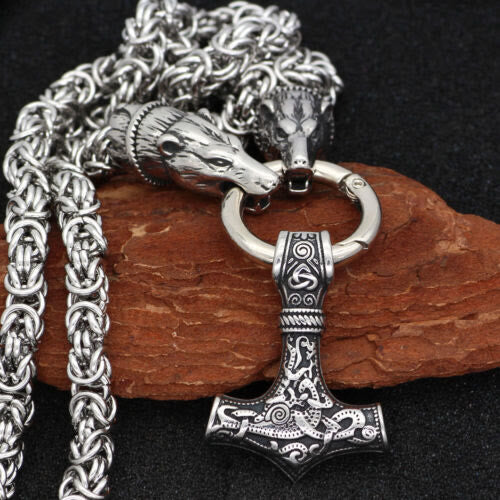 WorldNorse Wolf & Thor Hammer Mjolnir Pendant Necklace