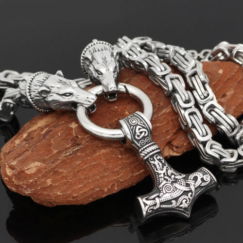 WorldNorse Wolf & Thor Hammer Mjolnir Pendant Necklace