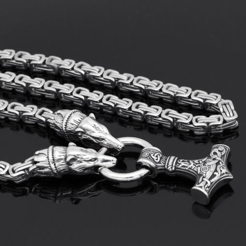 WorldNorse Wolf & Thor Hammer Mjolnir Pendant Necklace
