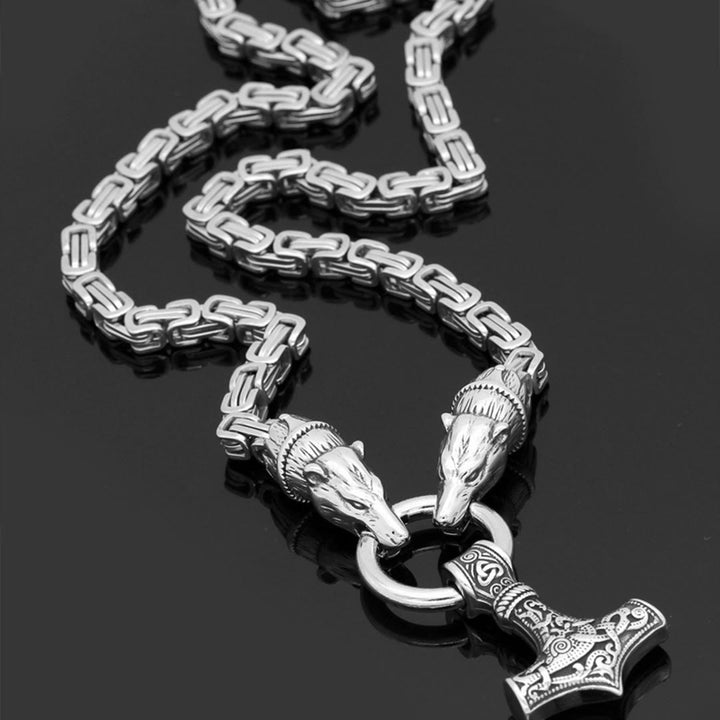 WorldNorse Wolf & Thor Hammer Mjolnir Pendant Necklace