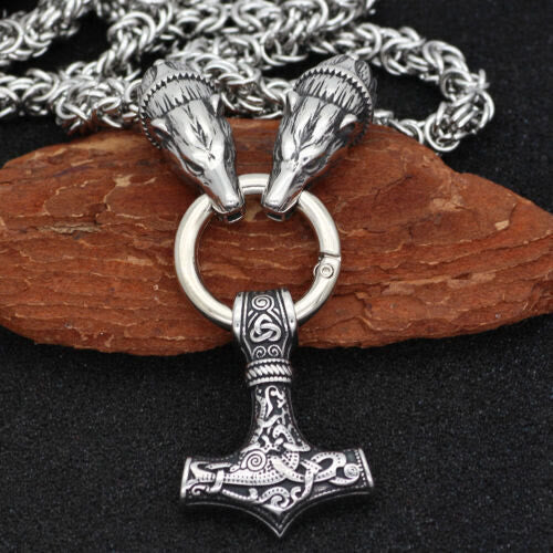 WorldNorse Wolf & Thor Hammer Mjolnir Pendant Necklace