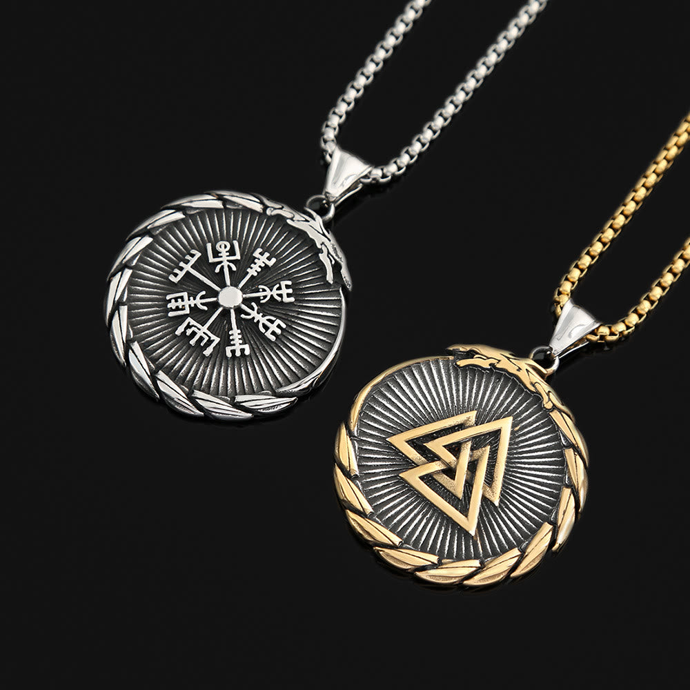 WorldNorse Double Side Valknut Triangle Vegvisir Compass Necklace