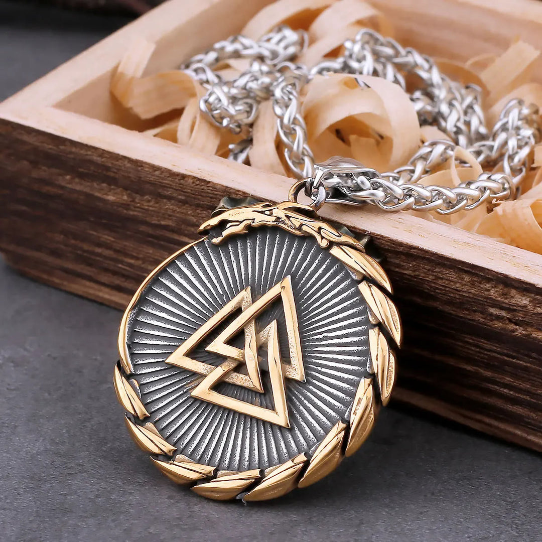 WorldNorse Double Side Valknut Triangle Vegvisir Compass Necklace
