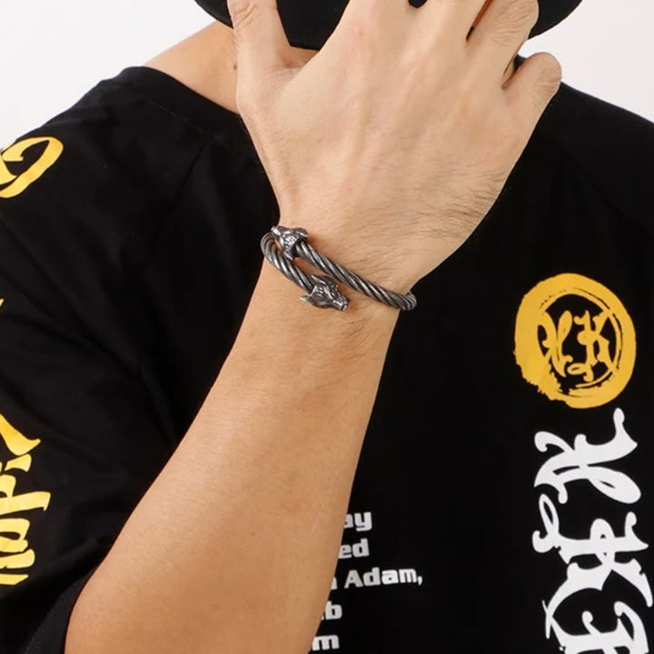 WorldNorse Wolf Head Twisted Open Bracelet