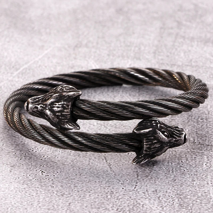 WorldNorse Wolf Head Twisted Open Bracelet