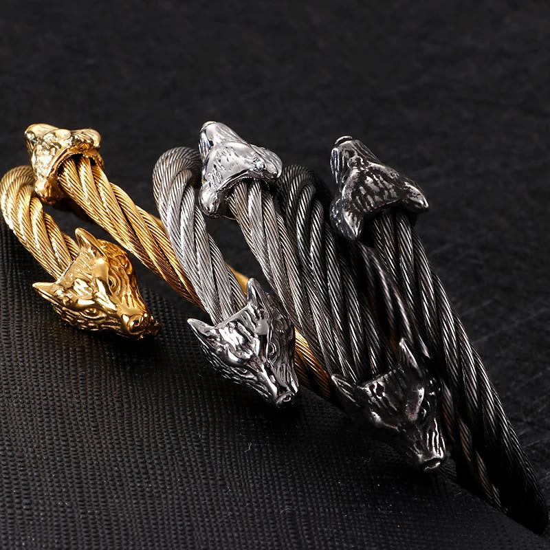 WorldNorse Wolf Head Twisted Open Bracelet