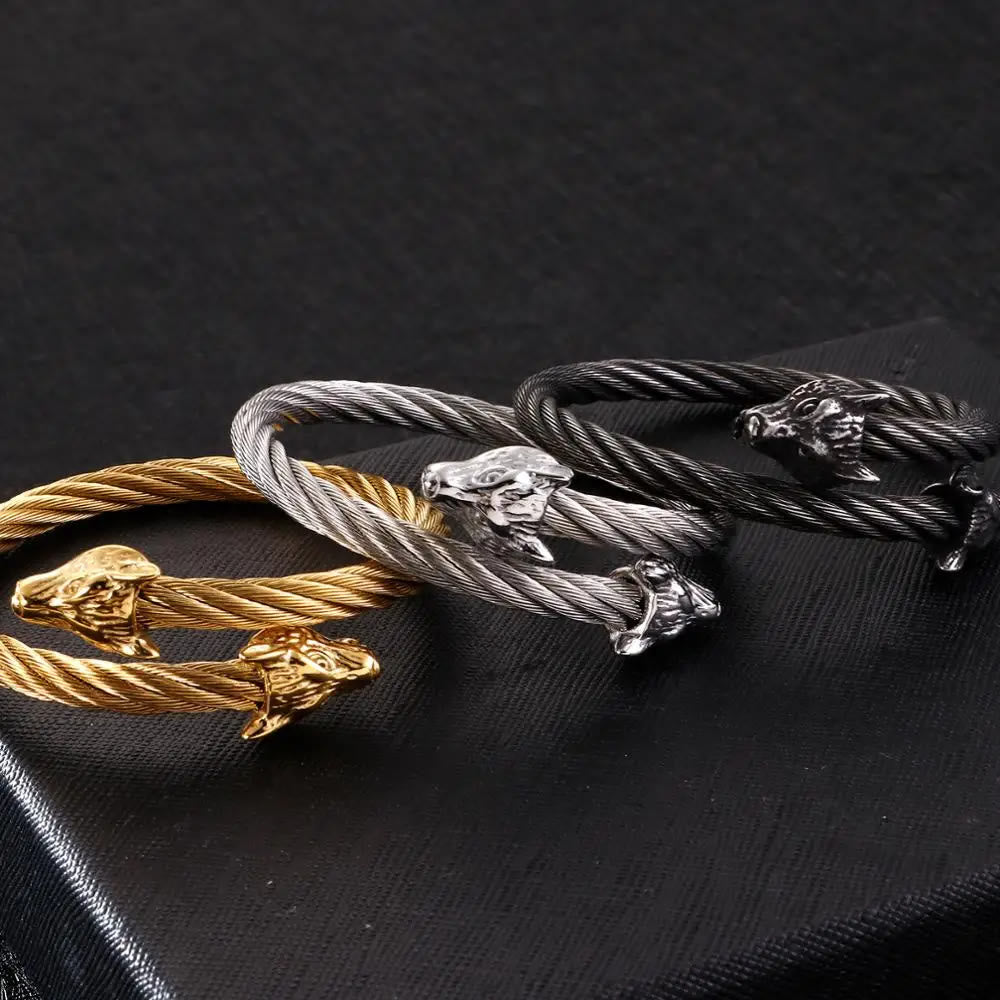 WorldNorse Wolf Head Twisted Open Bracelet