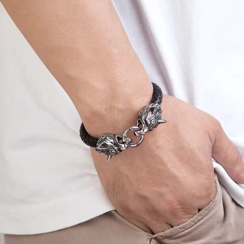 WorldNorse Odin's Wolves Leather Bracelet