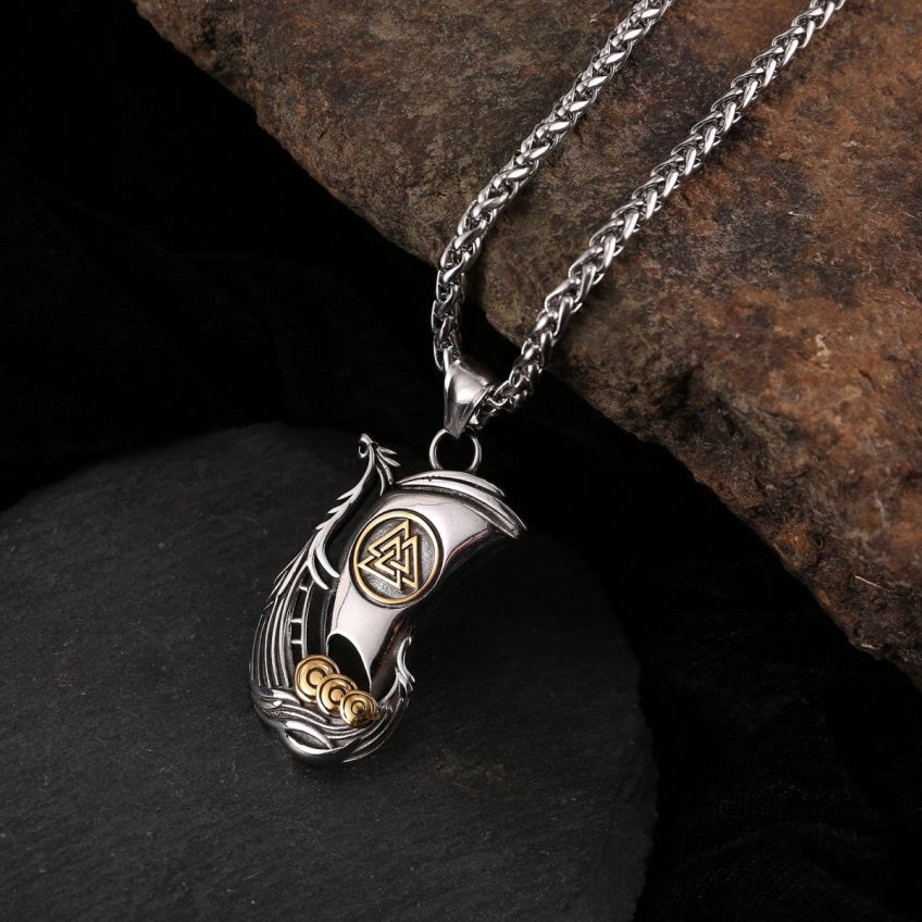 WorldNorse Viking Pirate Ship Valknut Necklace