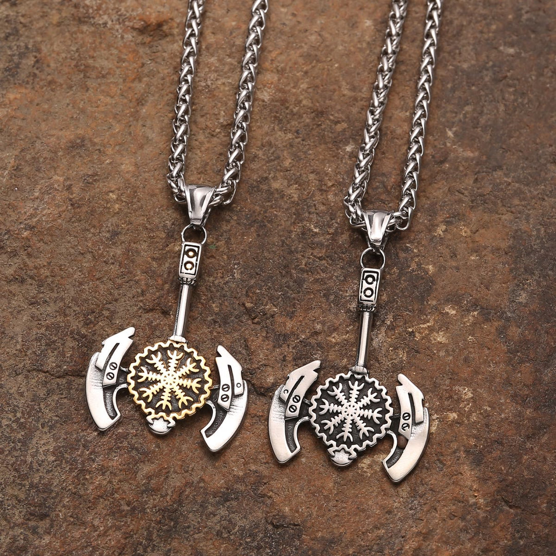 WorldNorse Helm of Awe Valknut Axe Necklace