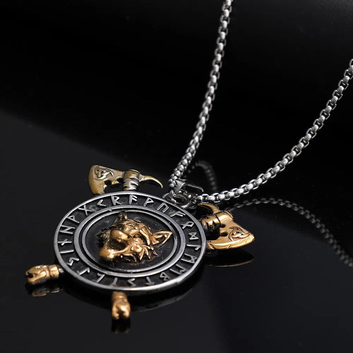 WorldNorse Triple Horn of Odin Axe Necklace