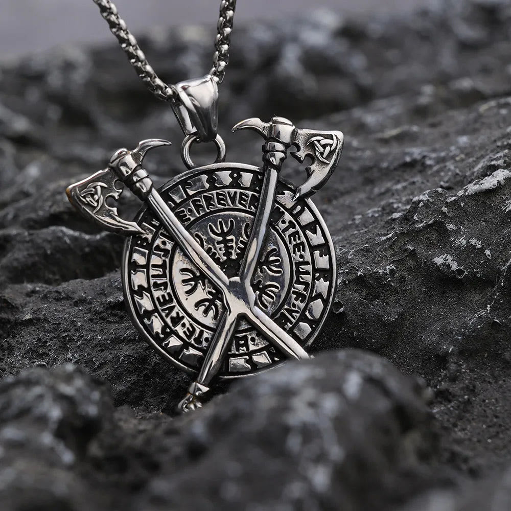 WorldNorse Triple Horn of Odin Axe Necklace