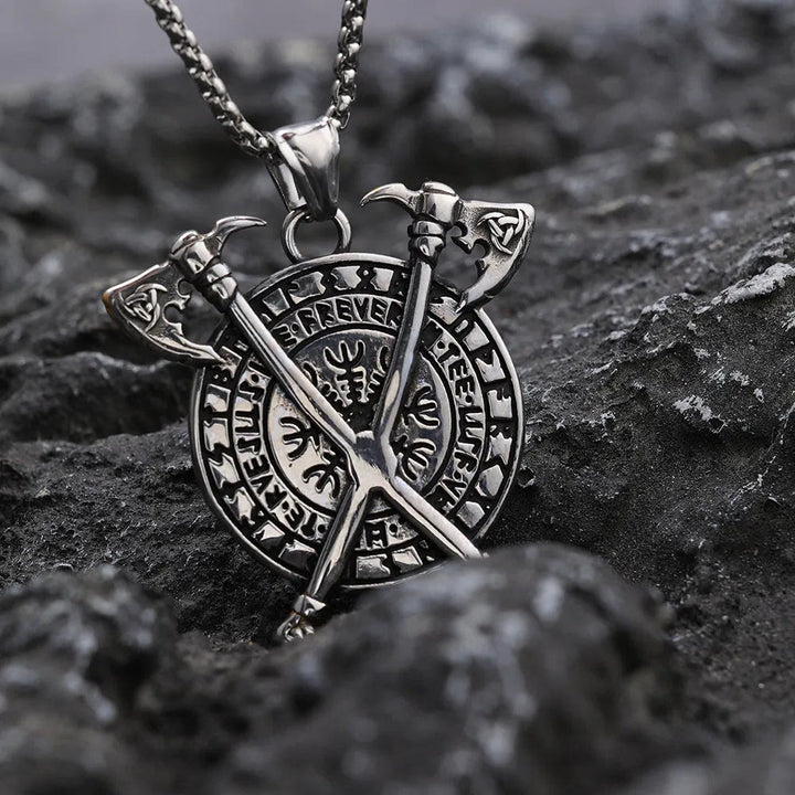 WorldNorse Triple Horn of Odin Axe Necklace