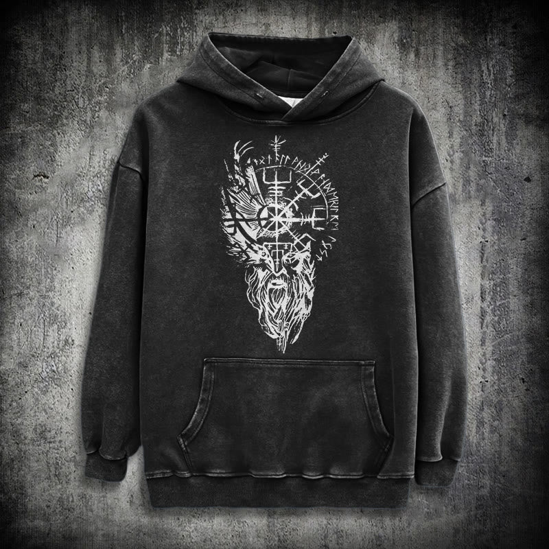 WorldNorse Viking Old Man Vegvisir Washed Hoodie - Black - 3XL - image 1