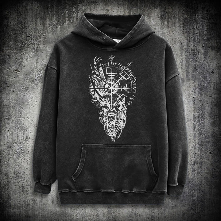 WorldNorse Viking Old Man Vegvisir Washed Hoodie - Black - 3XL - image 1