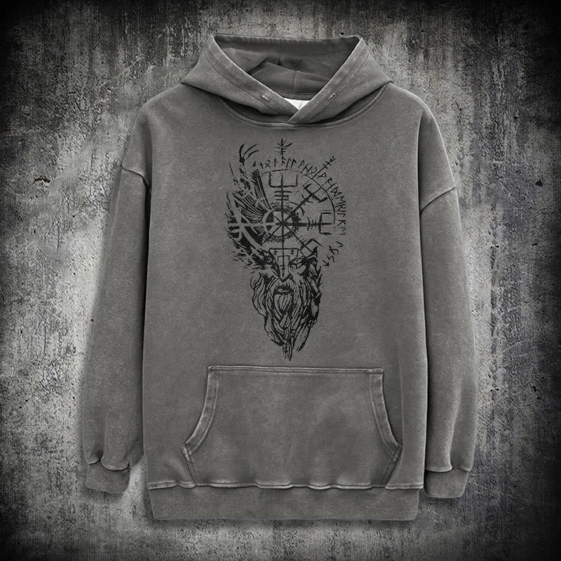 WorldNorse Viking Old Man Vegvisir Washed Hoodie - Grey - 3XL - image 13