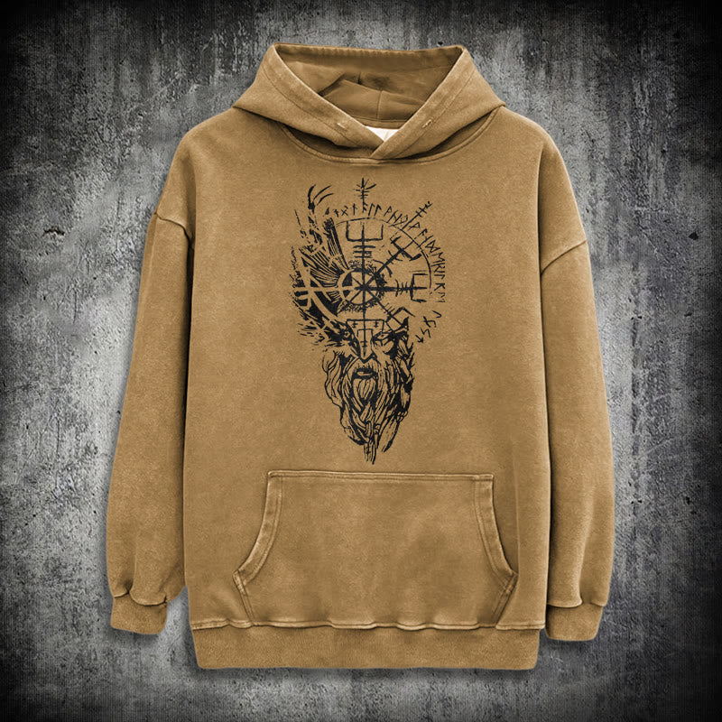 WorldNorse Viking Old Man Vegvisir Washed Hoodie - Khaki - 3XL - image 27