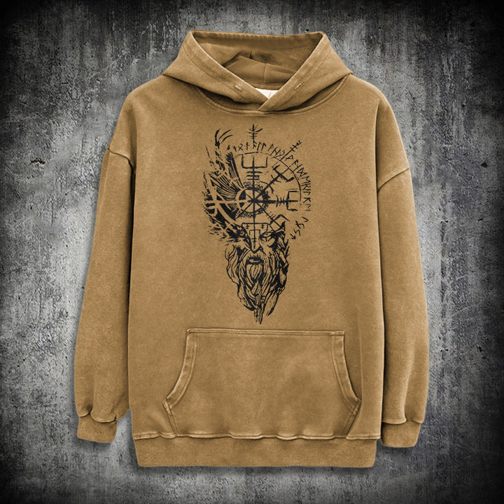 WorldNorse Viking Old Man Vegvisir Washed Hoodie - Khaki - 3XL - image 27