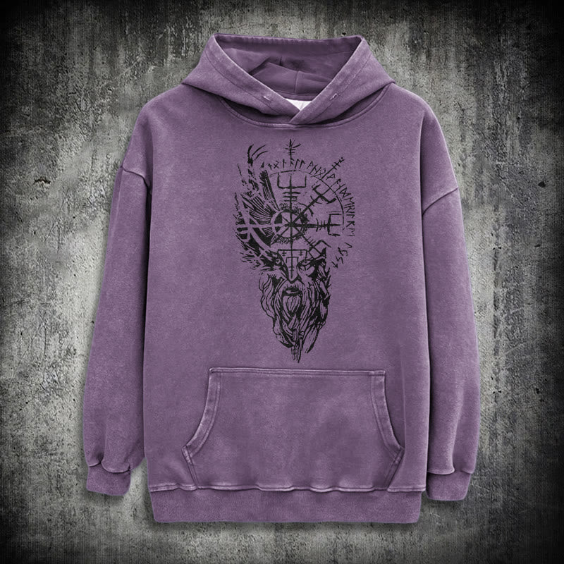 WorldNorse Viking Old Man Vegvisir Washed Hoodie - Purple - 3XL - image 34