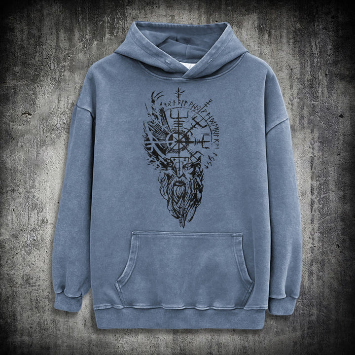 WorldNorse Viking Old Man Vegvisir Washed Hoodie - Blue - 3XL - image 20