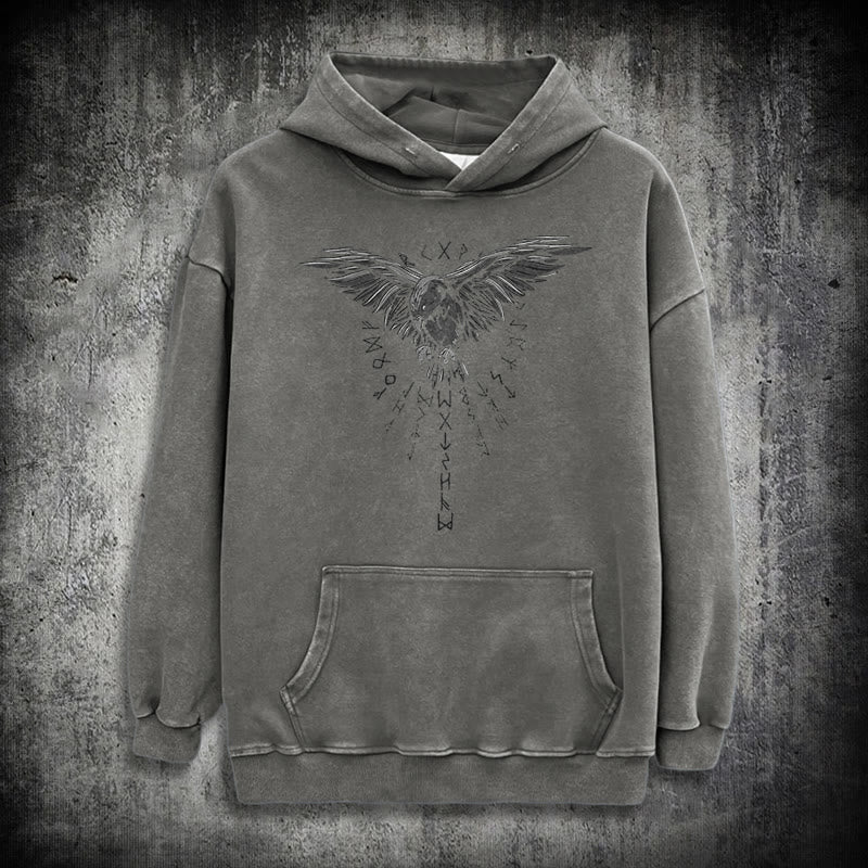 WorldNorse Raven Eagle Graphic Washed Hoodie - Grey - 3XL - image 13