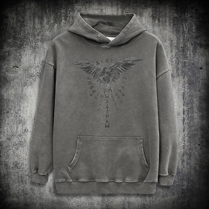 WorldNorse Raven Eagle Graphic Washed Hoodie - Grey - 3XL - image 13