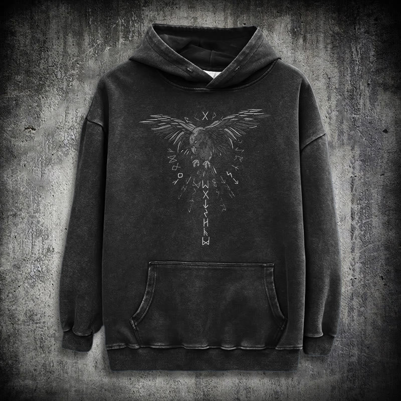 WorldNorse Raven Eagle Graphic Washed Hoodie - Black - 3XL - image 1