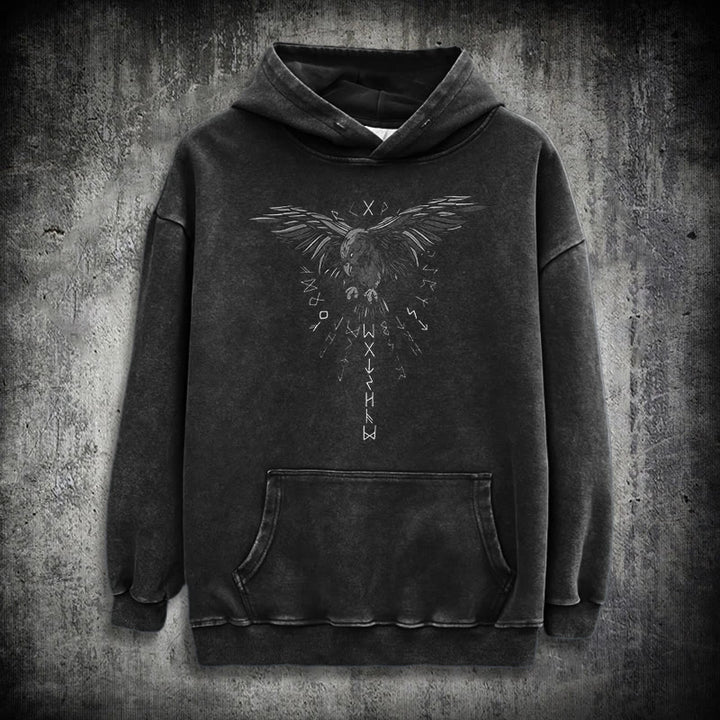 WorldNorse Raven Eagle Graphic Washed Hoodie - Black - 3XL - image 1