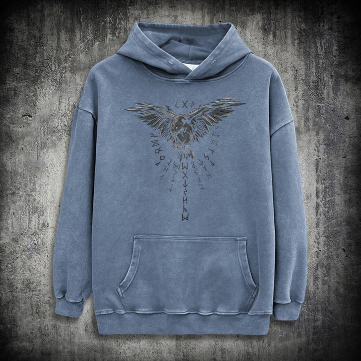 WorldNorse Raven Eagle Graphic Washed Hoodie - Blue - 3XL - image 20