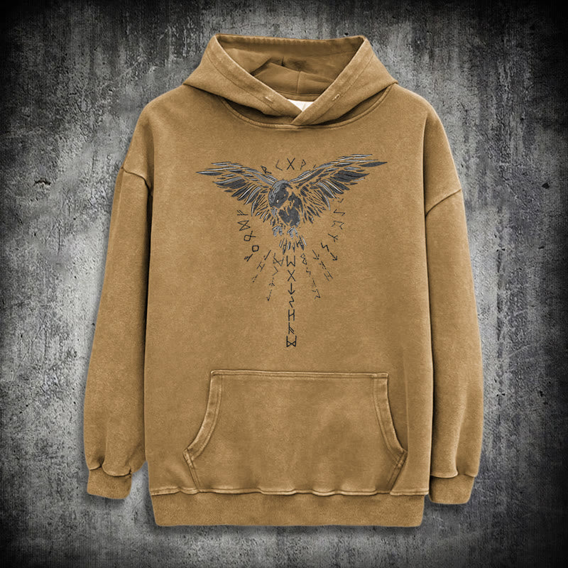 WorldNorse Raven Eagle Graphic Washed Hoodie - Khaki - 3XL - image 27