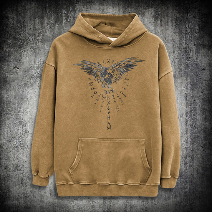WorldNorse Raven Eagle Graphic Washed Hoodie - Khaki - 3XL - image 27