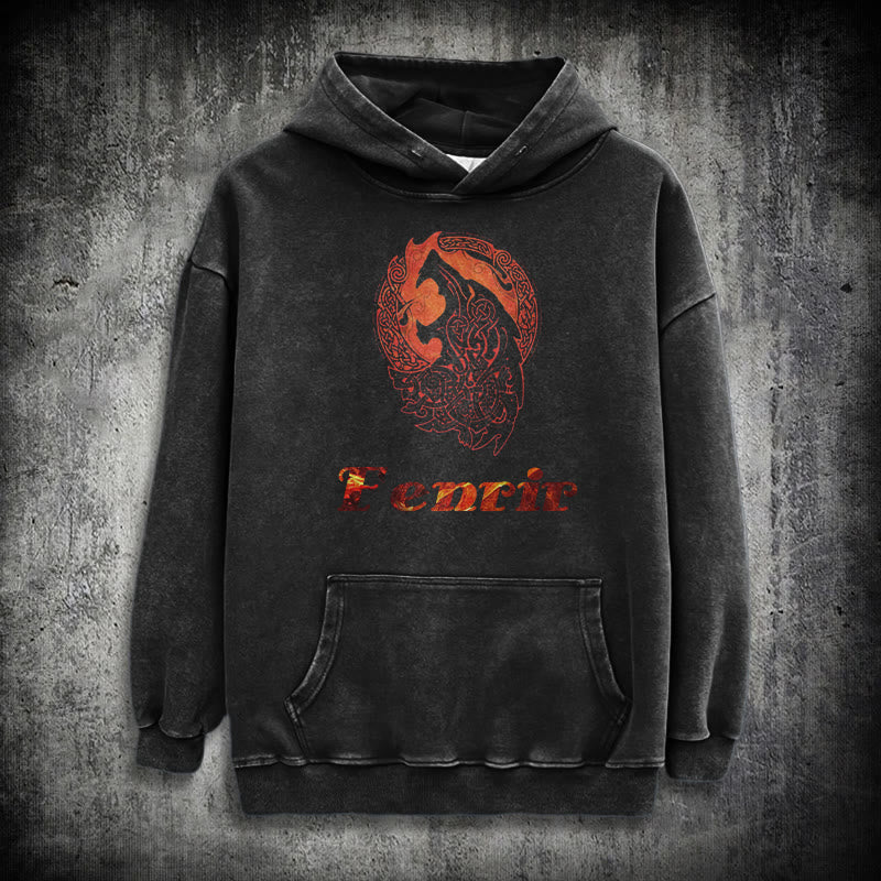 WorldNorse Fenrir Wolve Fire Washed Hoodie - Black - 3XL - image 1