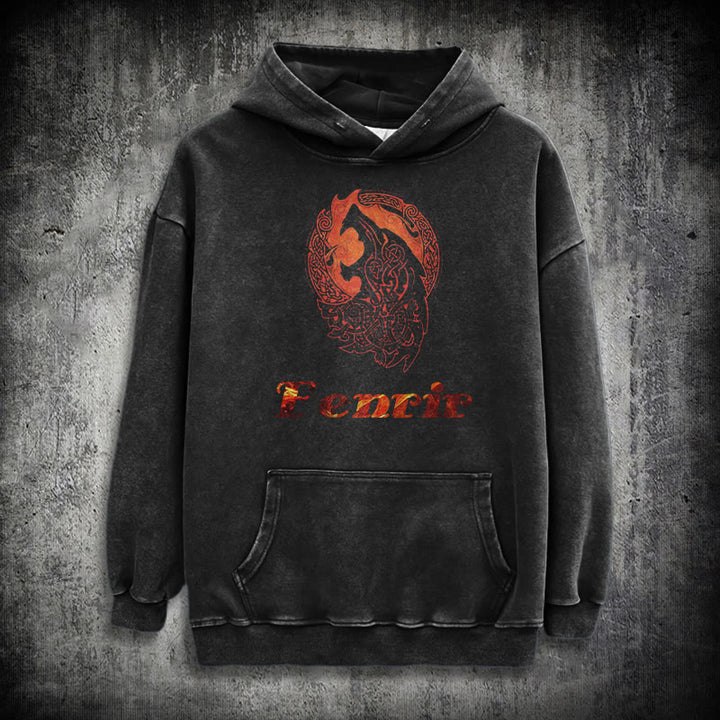 WorldNorse Fenrir Wolve Fire Washed Hoodie - Black - 3XL - image 1