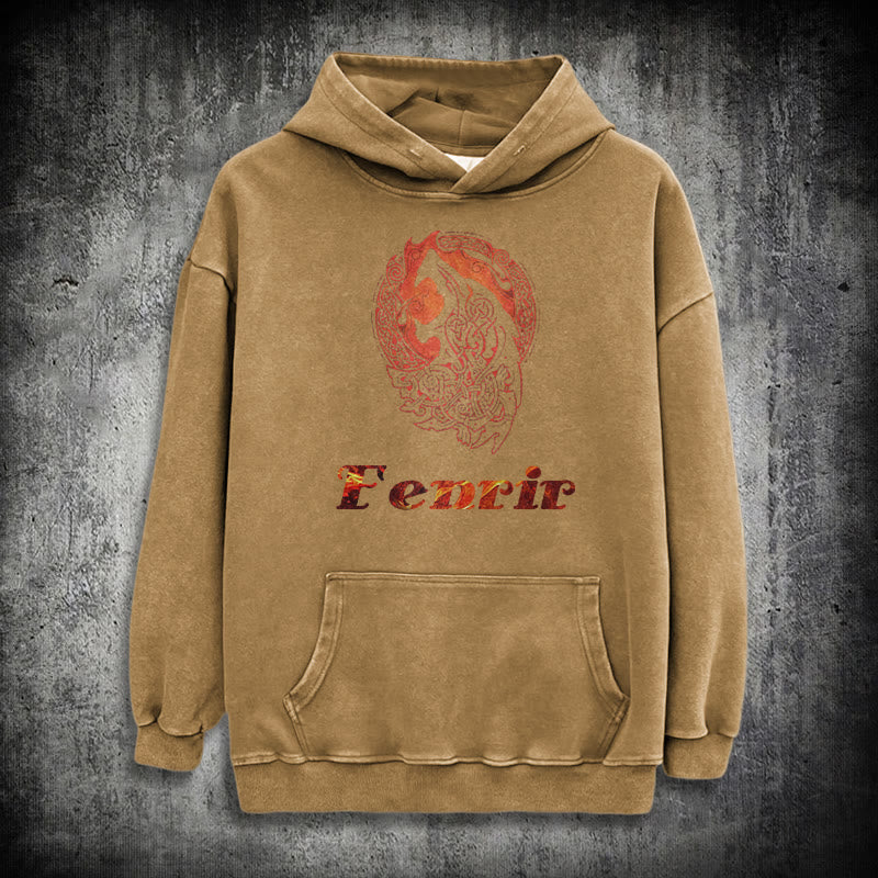 WorldNorse Fenrir Wolve Fire Washed Hoodie - Khaki - 3XL - image 27