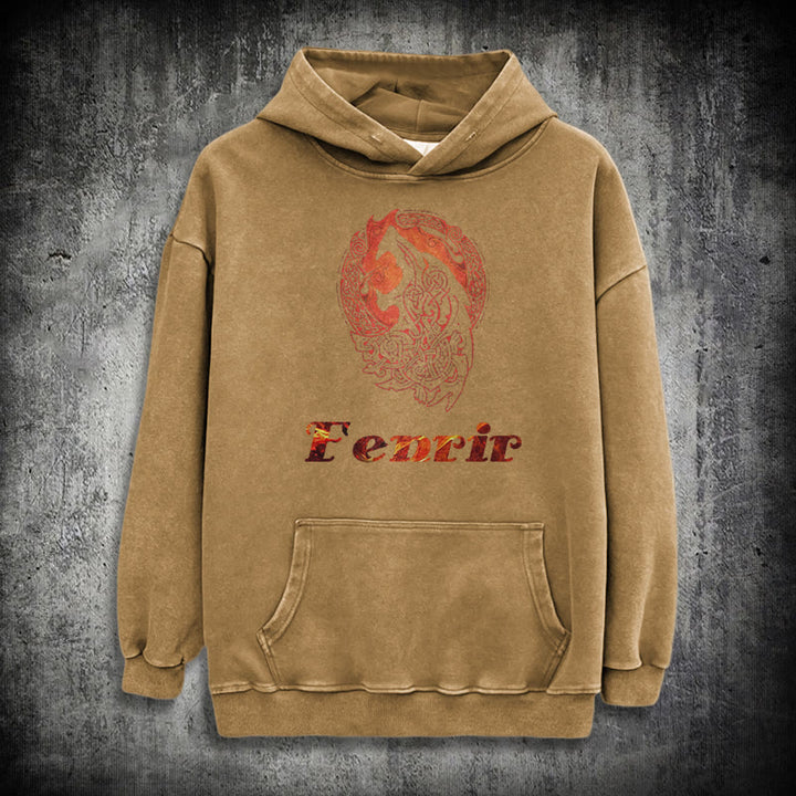 WorldNorse Fenrir Wolve Fire Washed Hoodie - Khaki - 3XL - image 27