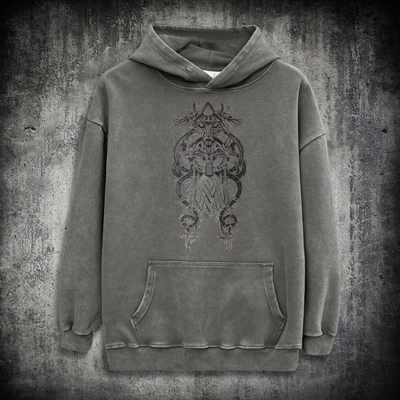 WorldNorse Odin Thor's Hammer Double-Sided Washed Hoodie - Grey - 3XL - image 17