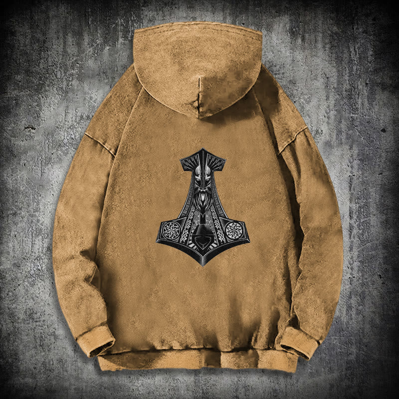 WorldNorse Odin Thor's Hammer Double-Sided Washed Hoodie - Khaki - 3XL - image 29