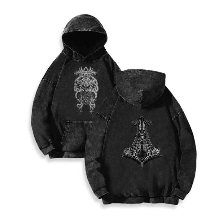 WorldNorse Odin Thor's Hammer Double-Sided Washed Hoodie - image 2