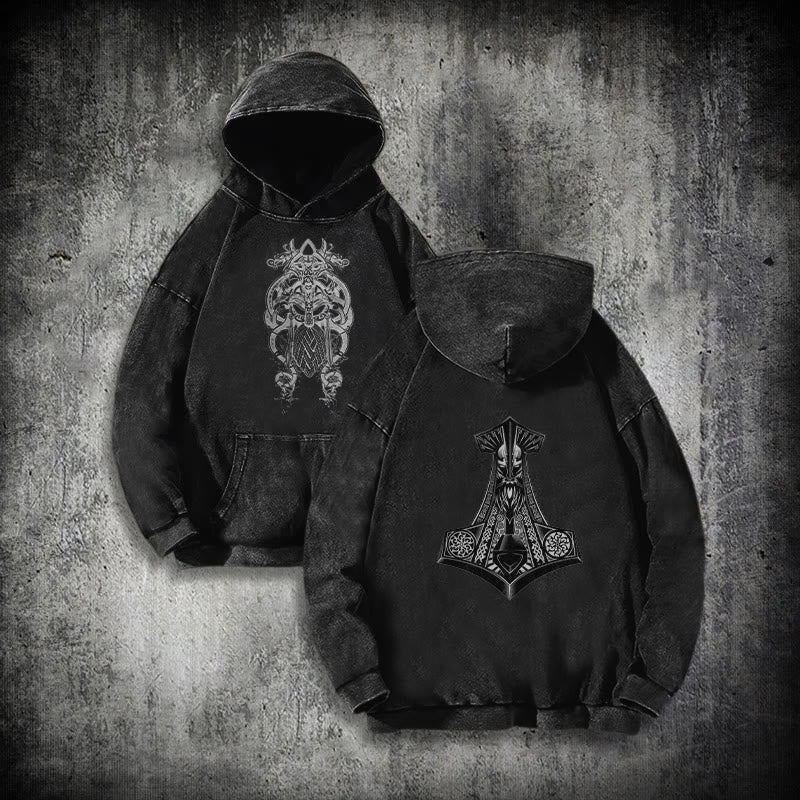 WorldNorse Odin Thor's Hammer Double-Sided Washed Hoodie - Black - 3XL - image 1