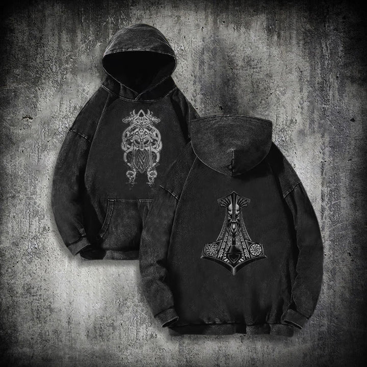 WorldNorse Odin Thor's Hammer Double-Sided Washed Hoodie - Black - 3XL - image 1