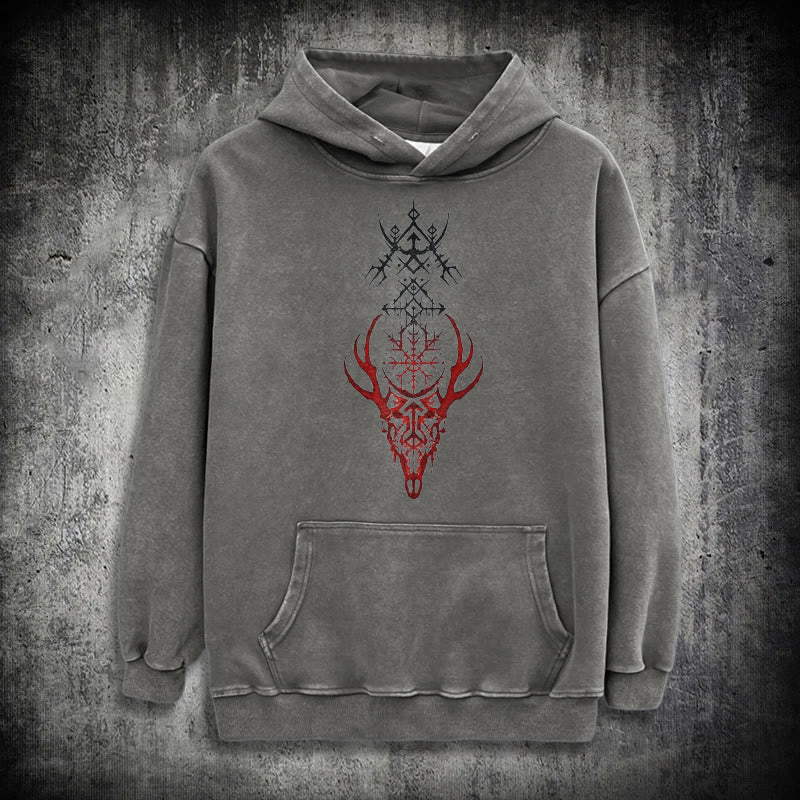 WorldNorse Viking Helm Of Awe Print Washed Hoodie - Grey - 3XL - image 13