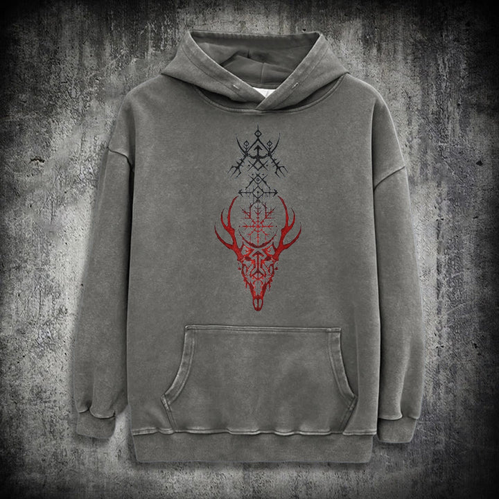 WorldNorse Viking Helm Of Awe Print Washed Hoodie - Grey - 3XL - image 13