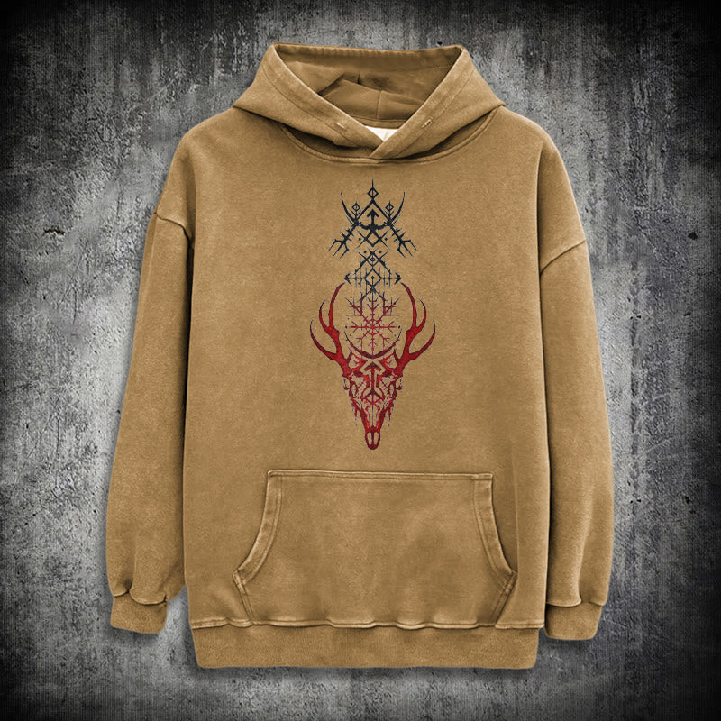 WorldNorse Viking Helm Of Awe Print Washed Hoodie - Khaki - 3XL - image 27