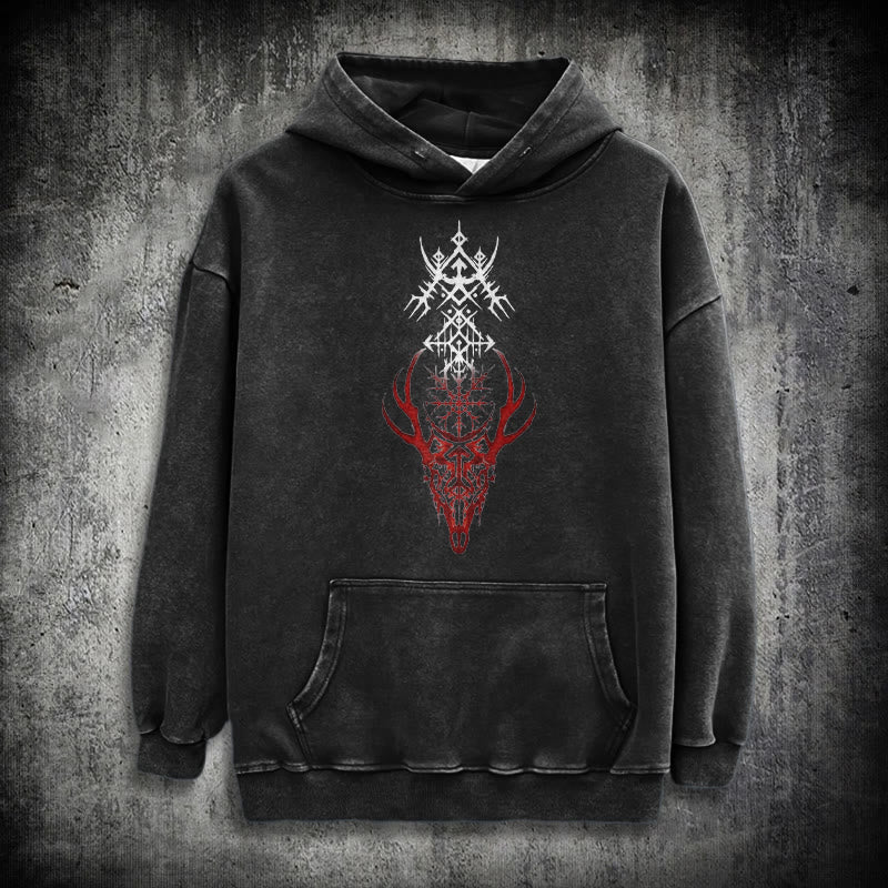 WorldNorse Viking Helm Of Awe Print Washed Hoodie - Black - 3XL - image 1