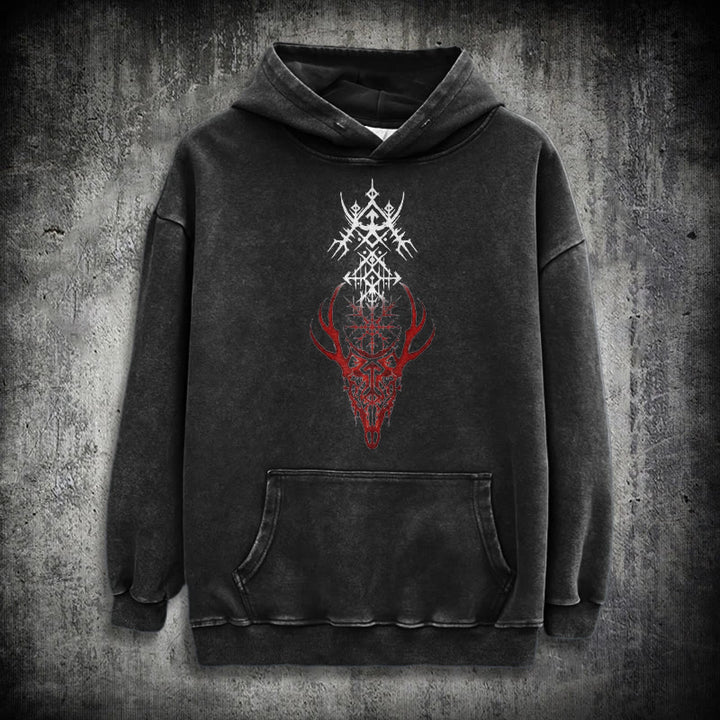 WorldNorse Viking Helm Of Awe Print Washed Hoodie - Black - 3XL - image 1